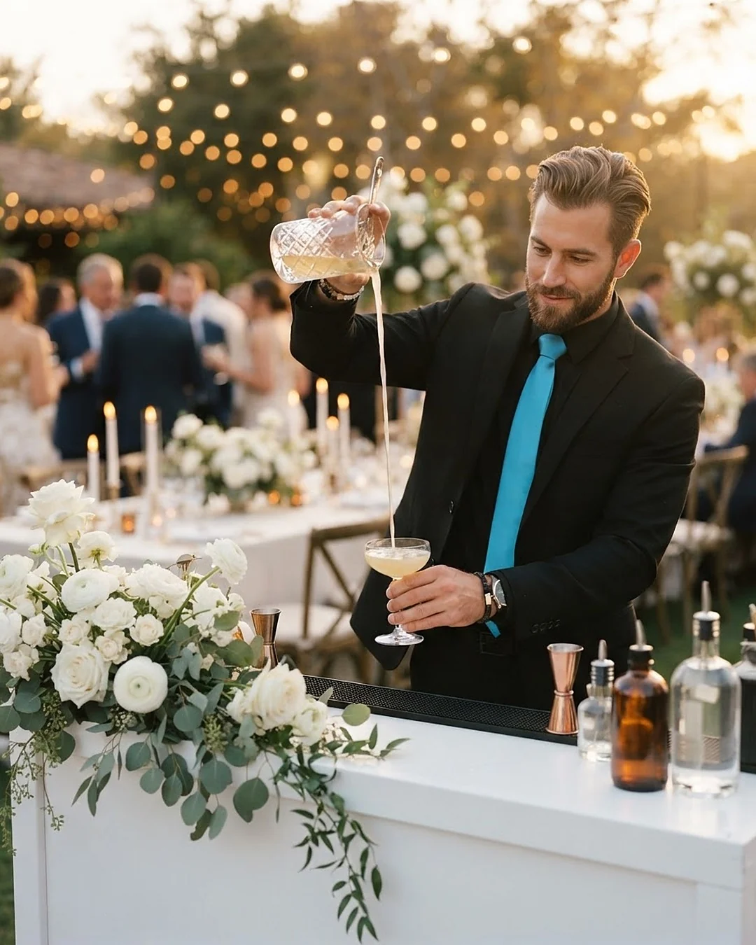 A WinterBrooke bartender pouring a cocktail at an outdoor Space Coast wedding