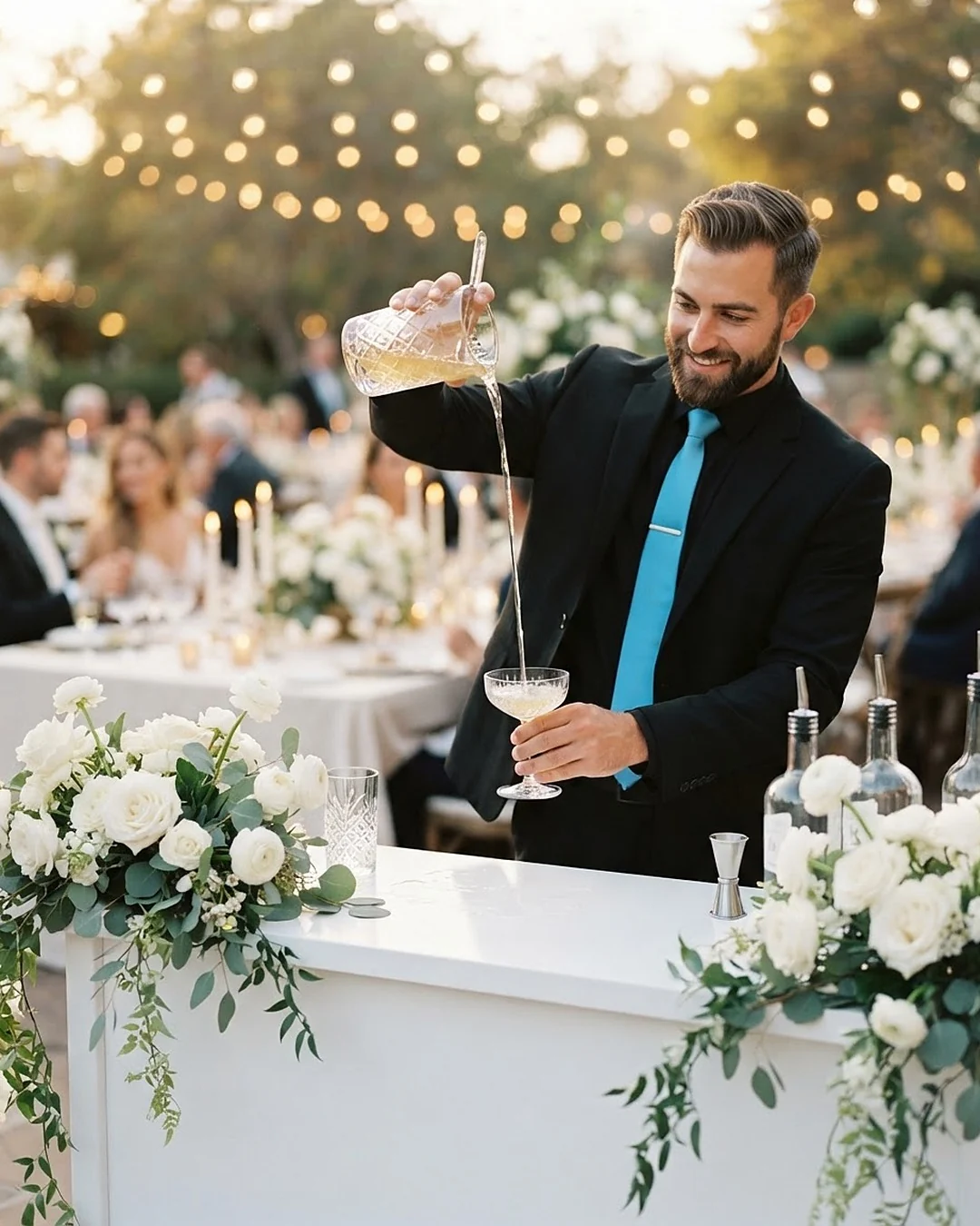A WinterBrooke bartender in a black suit and cyan tie pouring a cocktail at an outdoor wedding reception