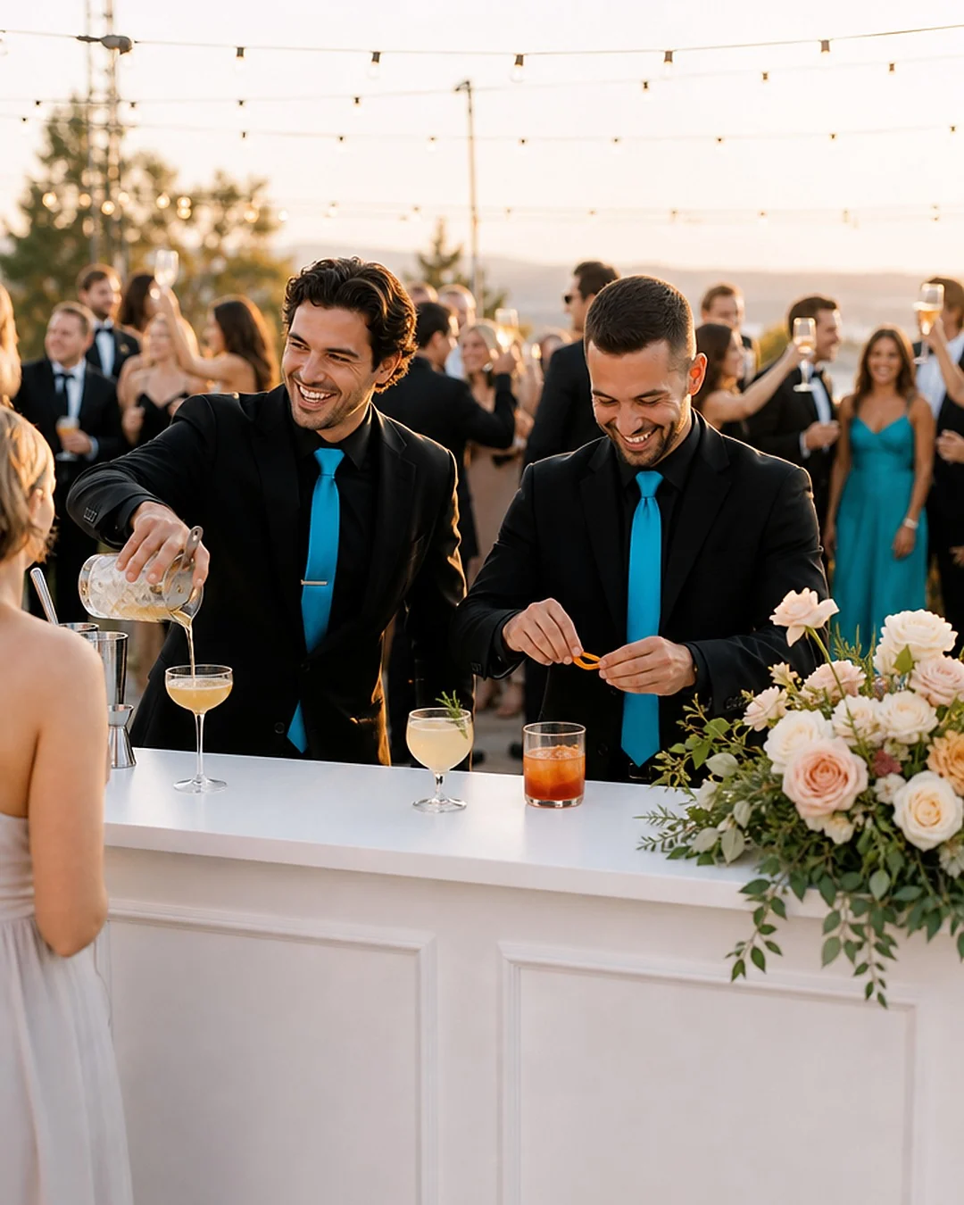 Two WinterBrooke bartenders building cocktails at a wedding bar