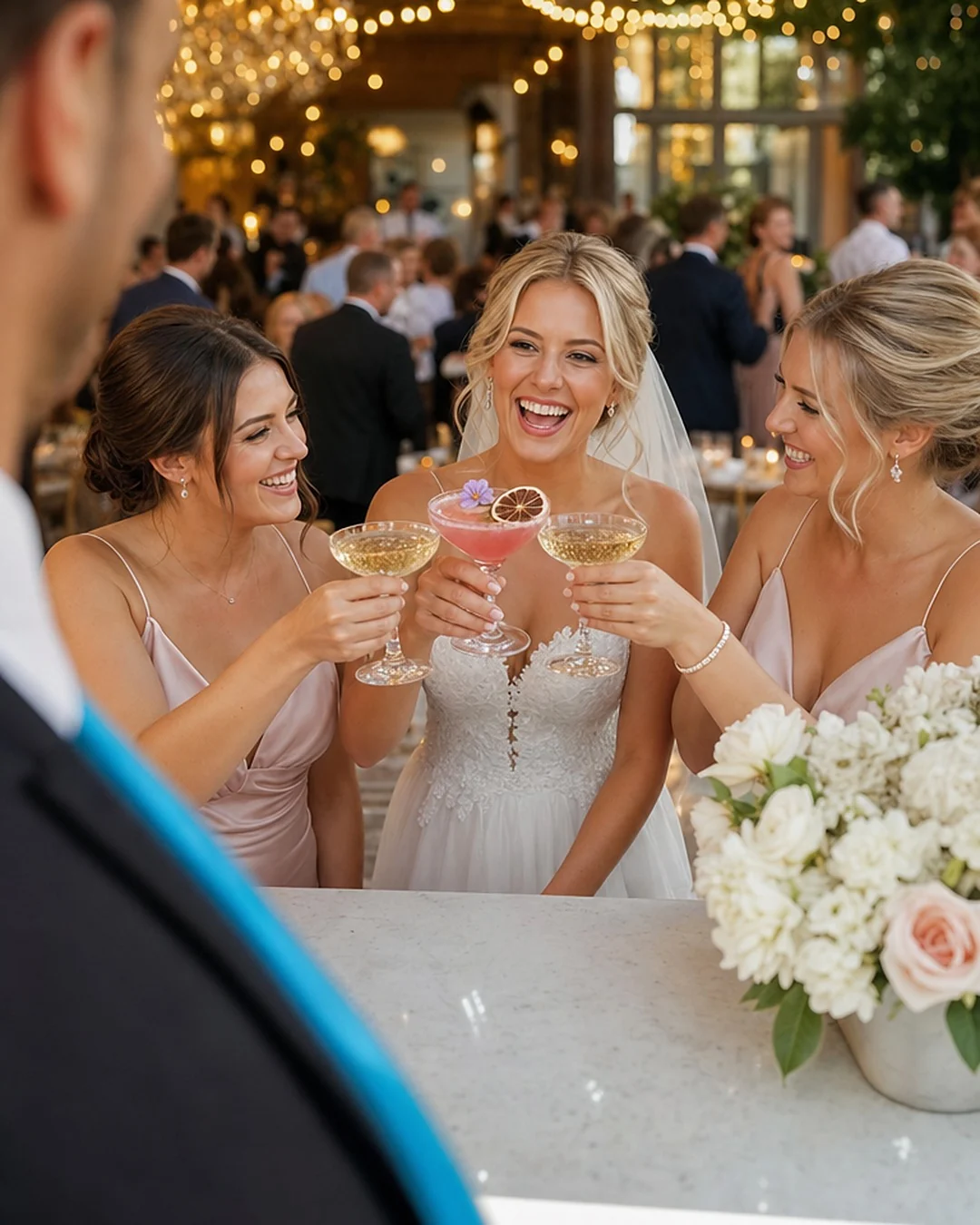 A bride and her bridesmaids toasting with WinterBrooke signature cocktails