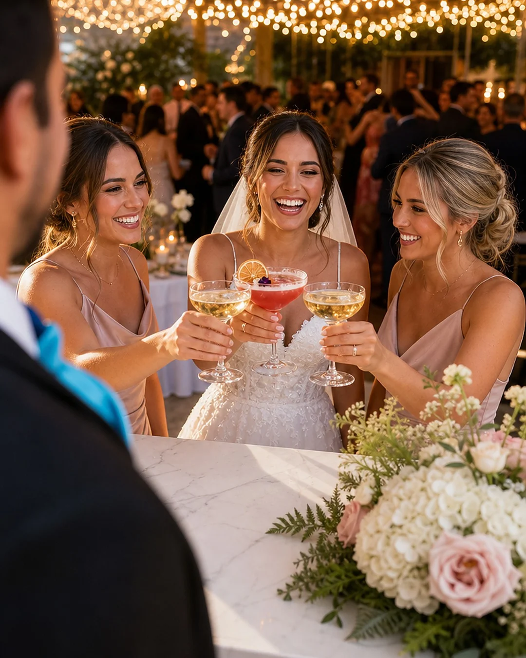 Bride and bridesmaids toasting at the bar