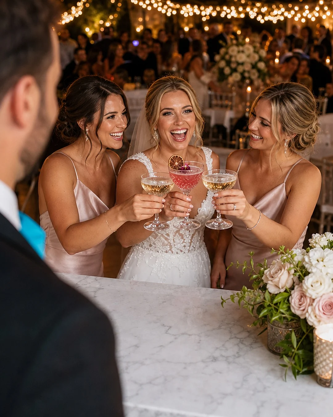 A bride toasting with a WinterBrooke signature cocktail at a Saint Cloud wedding